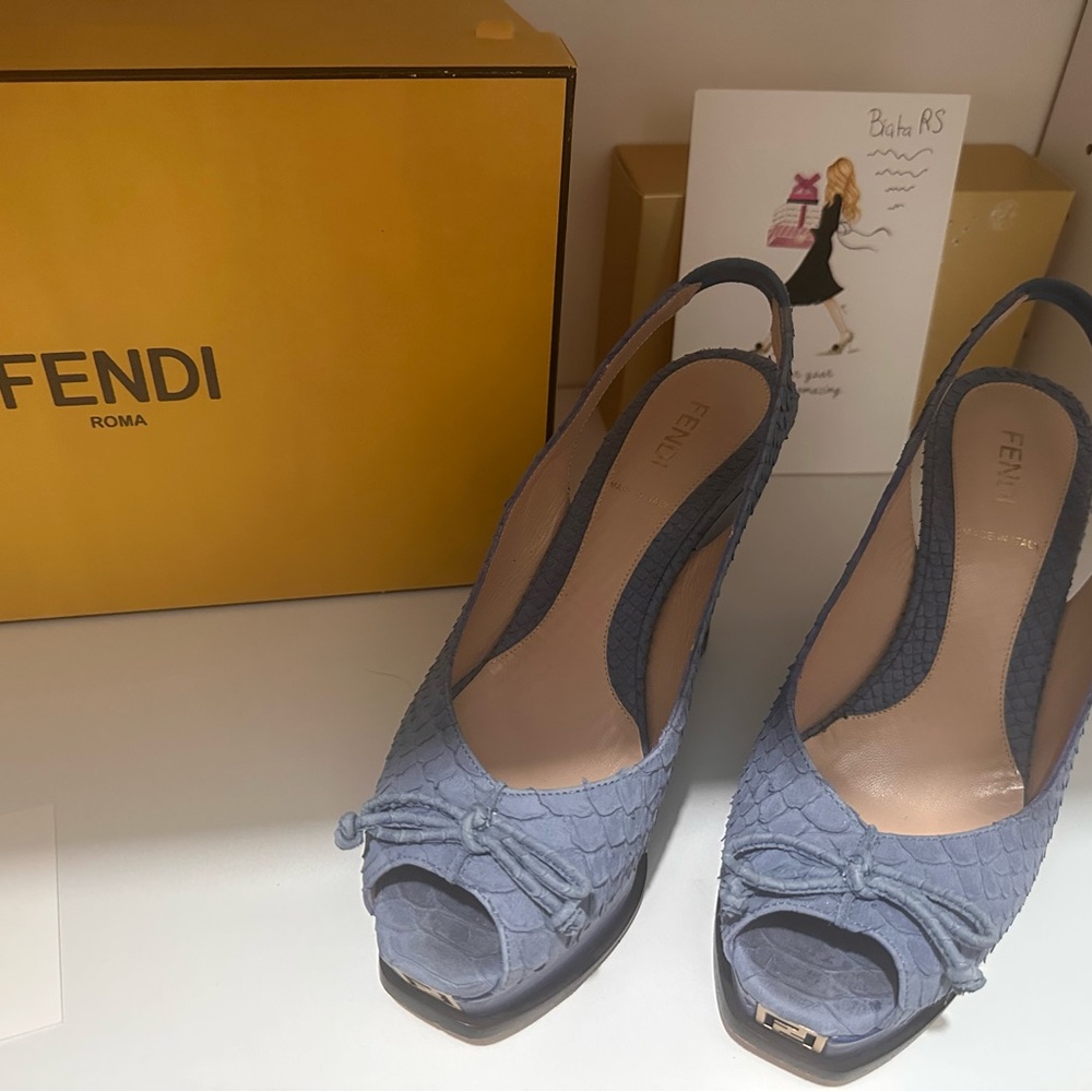 Fendi Blue Textured Peep-Toe Heels